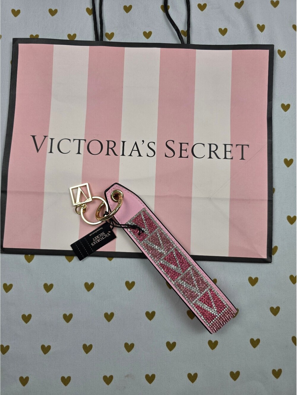 Victoria Secret BLING wristlet strap keychain Logo Studded Handle Rhinestone NEW